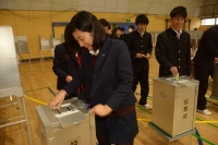 体育館で女子生徒と男子生徒が投票箱に投票用紙を入れている写真