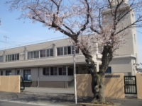門の前に桜が咲た桜の木がり、その奥に南部調理場が見えている写真